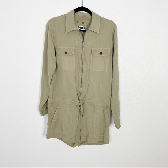 Pam & Gela Patch Pocket Romper Tan Small *FLAW* Drawstring Long Sleeve Revolve - Picture 3 of 12